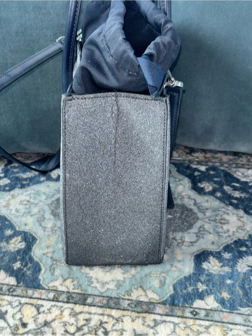 kate spade Metallic Navy Trista Glitter Shopper Structured crossbody tote